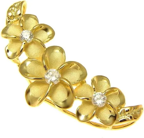 Vista 2 de Arthur's Jewelry 925 plata esterlina chapado en oro amarillo hawaiano 3 plumeria flor cz maile leaf slide colgante, Plata esterlina Zirconia cúbica