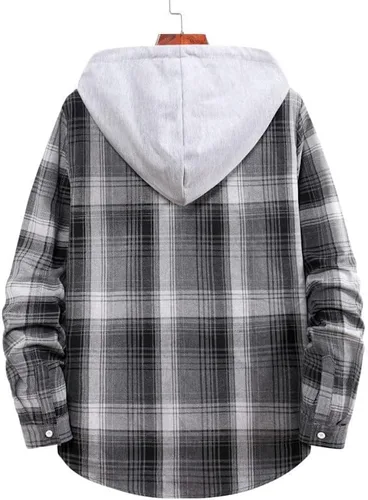 Vista 3 de Camisas a cuadros para hombre, chaqueta de franela de manga larga a cuadros con capucha y botones de franela a cuadros
