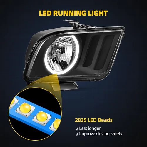 Vista 3 de DWVO Conjunto de Faro Delantero Compatible con Ford Mustang 05 06 07 08 09 2005 2006 2007 2008 2009 Lámpara con LED DRL