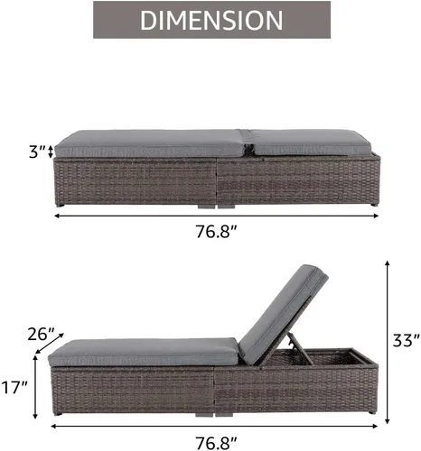 Vista 4 de Patiorama Tumbona para Patio al Aire Libre, Elegante Silla Tumbona Reclinable Ajustable de Ratán para Piscina con Cojín, Mimbre de PE Gris, Marco