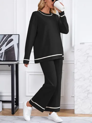 Vista 6 de I2CRAZY Conjunto de suéter para mujer, 2 piezas, manga larga, cuello redondo, cintura alta, pierna ancha, conjuntos de ropa de descanso