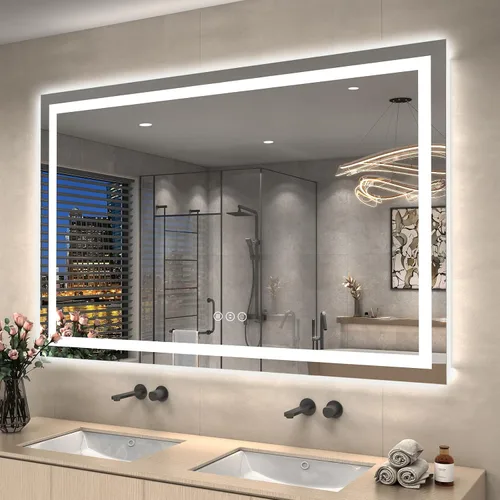 Vista 19 de Espejo de baño LED iluminado de 30 x 30 pulgadas para pared, espejo cuadrado de tocador con luces, regulable, antivaho, a prueba de roturas