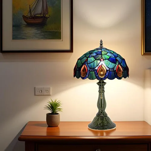 Vista 7 de Tiffany Style Stained Glass Table Lamp 18.5 Inch - Blue Peacock Tail 12X12X18.5 Inch, E26 Bulb Base，Pull Chain Switch, Ceramic Base, Bedside