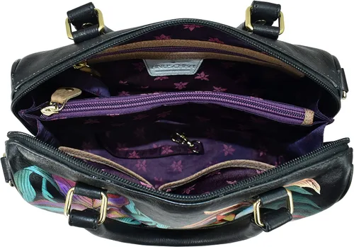 Vista 6 de Anuschka Mujer Pintado A Mano Cuero Genuino Cremallera Alrededor Clásico Satchel - Island Escape Negro, Island Escape Negro, Cremallera Alrededor