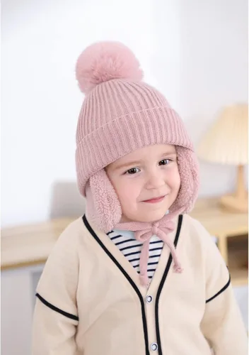 Vista 3 de CHOIEO Gorro de invierno para niños pequeños gorro con solapa para las orejas gorro de punto suave y cálido con forro polar con pompón