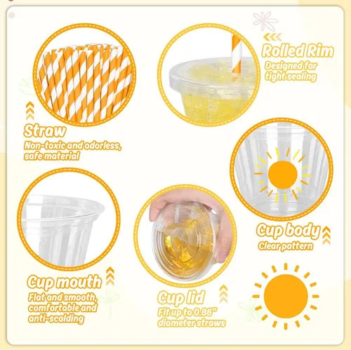 Vista 3 de Whaline 100 vasos de plástico desechables estilo bohemio de 9 onzas con tapas y pajitas, lindos vasos de bebida fría con sol amarillo para café