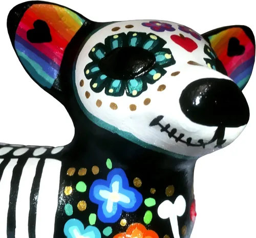 Vista 7 de Dia de Muertos. Perro de Catrina. Artesanía Mexicana. Monumento a las mascotas, recuerdo. Figura de cerámica para la decoración del Día de Muertos