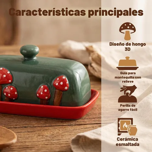Vista 2 de Mantequera de Cerámica en Forma de Seta con Tapa para Encimera - Bandeja de Contenedor Rojo, Grande Cubierta