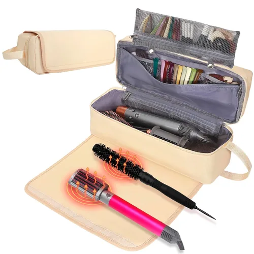 Vista 9 de Bolsa de Viaje para Herramientas de Cabello con Alfombrilla Resistente al Calor Estuche de Almacenamiento de Accesorios de Peinado para Secador
