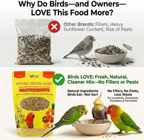 Vista 6 de Birds LOVE Natural Garden Blend - Alimento para pájaros pequeños, 2 libras, empaquetado a mano en Estados Unidos, mezcla natural con frutas