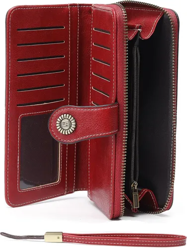 Vista 2 de Billetera de cuero para mujer, de gran capacidad, con cremallera, cartera con cremallera para mujer, 1-licor rojo, Moderno