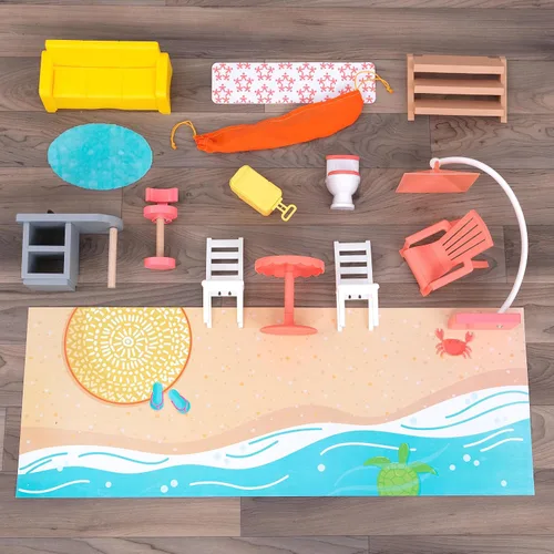 Vista 5 de KidKraft Ferris Wheel Fun Beach House - Casa de muñecas de madera con 19 accesorios y EZ Kraft Assembly™, regalo para mayores de 3 años