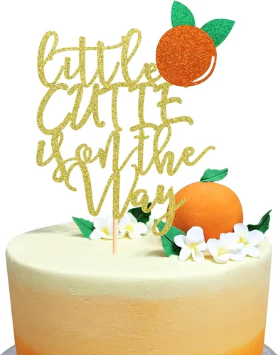 Vista 8 de Decoración de pastel Little Cutie con purpurina dorada y naranja para decoración de tartas con temática cítrica, baby shower, cumpleaños, pasteles