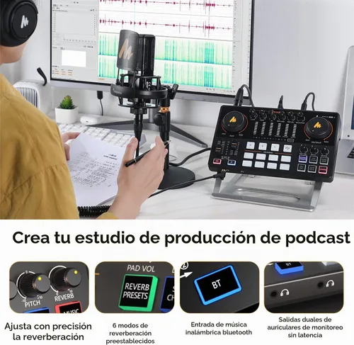 Vista 8 de MAONO Kit de Equipo de Podcast Interfaz de Audio de 10 Canales y Micrófono Dinámico XLR MaonoCaster con Preamplificador Profesional, 48V, Bluetooth