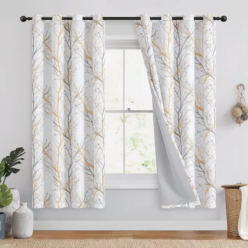 Vista 30 de FMFUNCTEX Cortinas 100% opacas para dormitorio, cortinas de ramas de árbol blanco y negro de 54 pulgadas de largo para sala de estar, cortinas