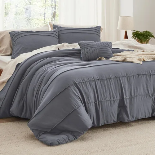 Vista 15 de Bedsure - Juego de edredón individual de 3 piezas, beige bohemio, plisado
