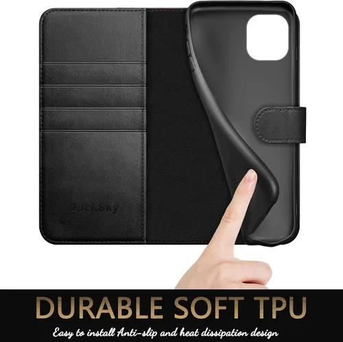 Vista 6 de DuckSky Funda tipo cartera de piel auténtica para iPhone 11 con bloqueo RFID, 4 tarjeteros de crédito. Cuero auténtico. Funda protectora para iPhone