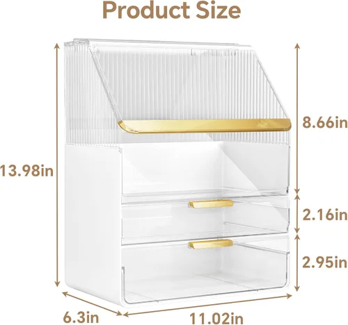 Vista 5 de Organizador de maquillaje para encimera con tapa, organizadores de cuidado de la piel para tocador, 3 niveles, almacenamiento de maquillaje