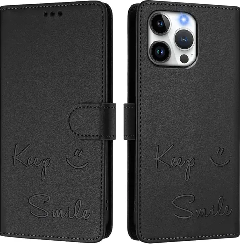 Vista 3 de Flip Wallet Case for Motorola Moto E32 4G (Int'l), Keep Smile Embossed Leather Cover with Card Slots, RFID Blocking, Kickstand, Wrist Strap Black.