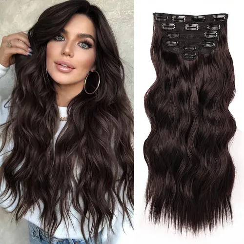 Vista 38 de NAYOO - Extensiones de cabello con clip, extensiones sintéticas onduladas de 20 pulgadas, 6 unidades Wavy Curly Hair, Full Head Coverage, Heat