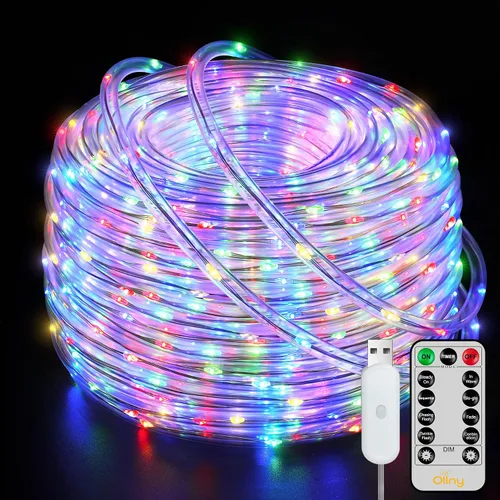 Vista 7 de Ollny Cuerda de luces solares para exteriores, 33 pies, 100 luces LED de color blanco cálido con control remoto, 8 modos de luz impermeable
