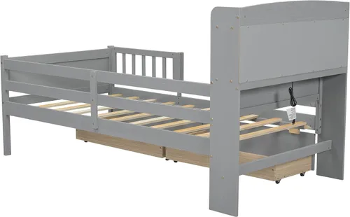 Vista 6 de VilroCaz Cama de plataforma de tamaño individual con barandilla y cabecera multifuncional, base de cama de plataforma de madera con 2 cajones