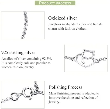 Vista 4 de Pulsera de cadena de plata de ley 925 con dije de corazón de amor de gato, pulseras de oro chapadas ajustables con longitud de cadena de 6.5 a 7.9
