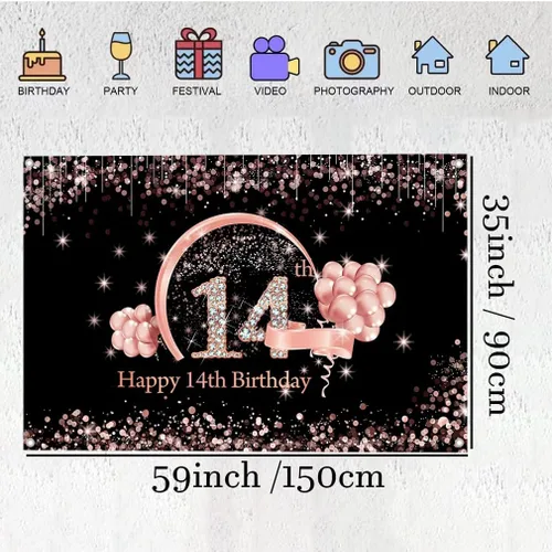Vista 2 de Cartel de tela para decoración de cumpleaños número 14 para niñas de 14 años, cartel de tela para fiesta de cumpleaños de niña, fondo fotográfico