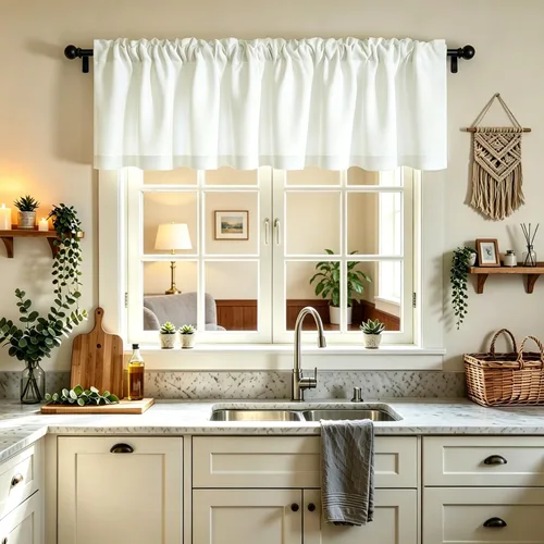 Vista 34 de Cenefa Beige Oscurecedora para Ventana, Cortina Corta con Bolsillo para Barra, Cenefa Primitiva para Sala de Estar, Baño, Guardería, Cocina, Ventana