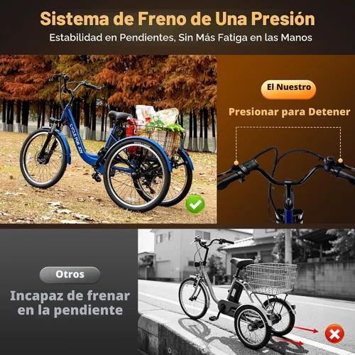 Vista 5 de Triciclo eléctrico de 24 pulgadas, triciclo eléctrico para adultos, 350 W (pico 500 W), 7 velocidades, 3 ruedas, bicicletas eléctricas con batería