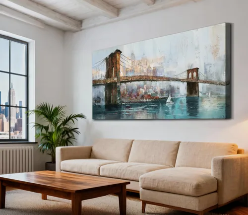 Vista 2 de Acocifi Nueva York Puente de Brooklyn Arte de Pared para Sala de Estar Paisaje Urbano Abstracto Imagen de Horizonte Pintura en Lienzo Grande Obra