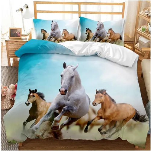 Vista 3 de Juego de ropa de cama 3D de caballo tamaño Queen, funda de edredón de cama/fundas de edredón, ropa de cama, fundas de almohada, textiles