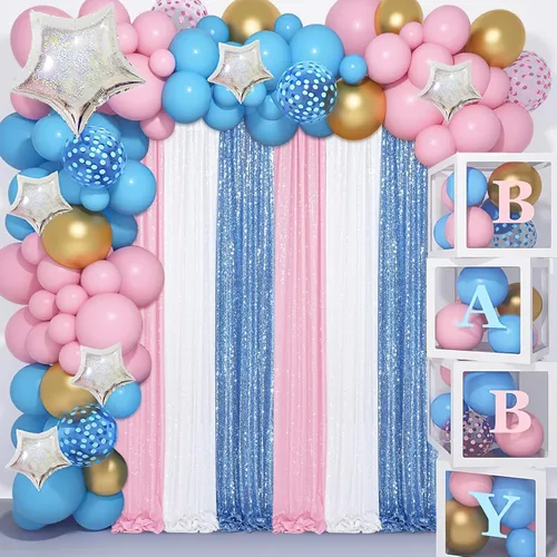 Vista 5 de Cortinas de fondo de lentejuelas con purpurina azul bebé, 2 piezas de 2 x 8 pies, telón de fondo de fiesta de baby shower para niños, hermosas