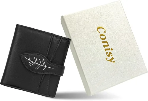Vista 6 de CONISY Cartera pequeña para mujer, con bloqueo RFID, de piel, delgada, plegable, bolsillo frontal, cartera para mujer con cremallera, Negro