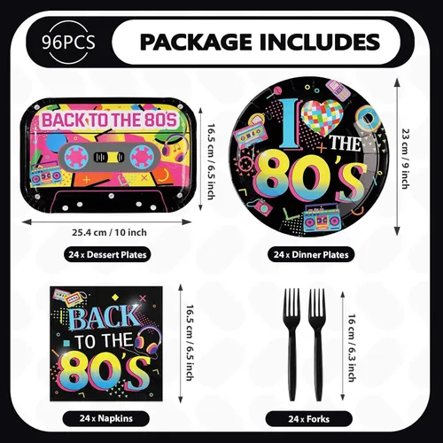 Vista 5 de 96 piezas de decoraciones de fiesta de los años 80, platos temáticos y servilletas de los 80, juegos de vajilla retro coloridas de hip hop