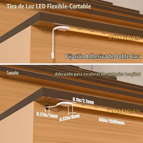 Vista 5 de KMG-3233 - Kit de iluminación de escalera LED con sensor de movimiento inteligente, tira de luz LED cortable de 60 pulgadas para luces de escaleras