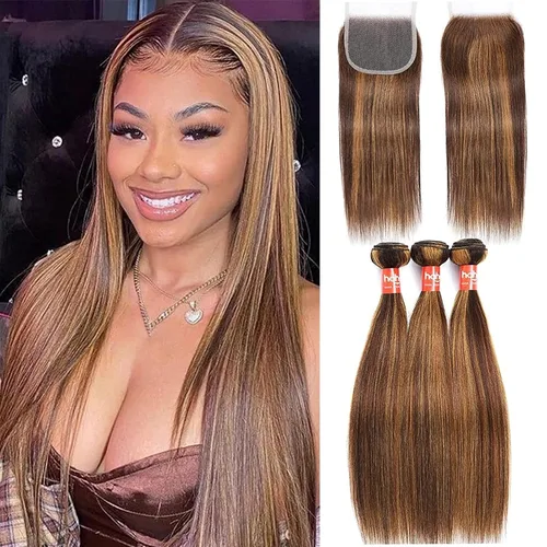 Vista 17 de Extensiones de cabello humano marrón con reflejos de Haha con cierre, extensiones lisas con cierre ombre, extensiones de cabello humano con cierre