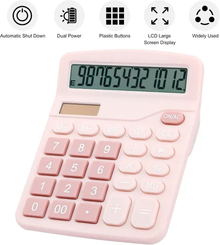 Vista 4 de Calculadora de escritorio con pantalla LCD de 12 dígitos, doble potencia, compacta y ligera, pantalla fácil de leer, duradera para negocios, escuela