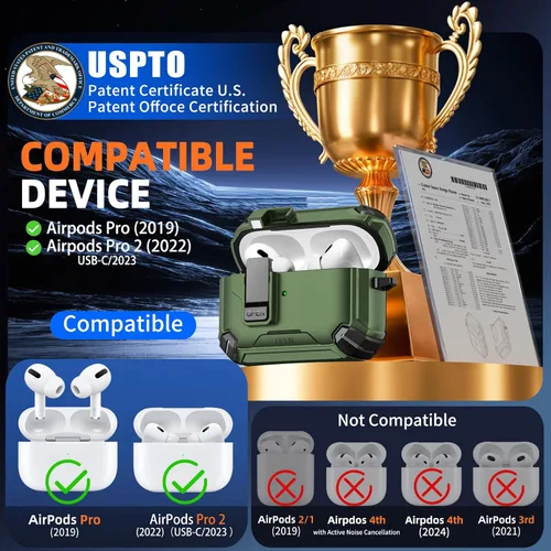 Vista 2 de Inesore Funda para AirPods Pro 1ª/2ª con bloqueo seguro (verde oscuro) Cubierta magnética de bloqueo automático con soporte para teléfono y kit