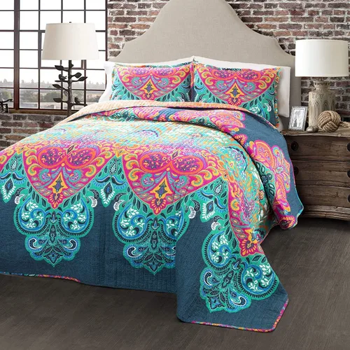 Vista 12 de Lush Decor Juego de Edredón Reversible de Algodón Boho Chic de 3 Piezas, Full/Queen, Verde Espuma de Mar y Rojo - Estampado Paisley Brillante, Juego