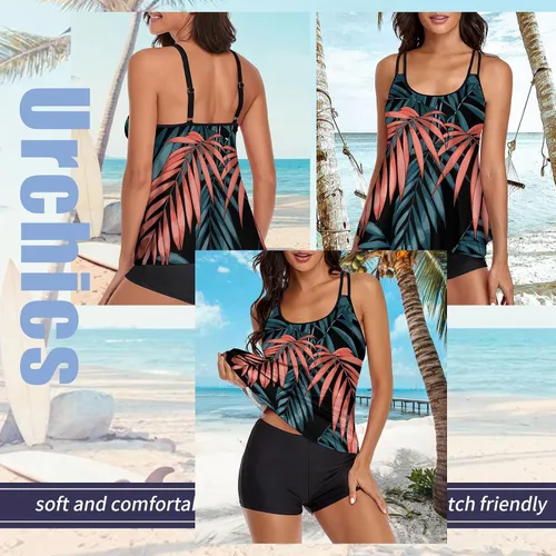 Vista 2 de Urchics - Traje de baño 2023, para mujer, tankini de dos piezas, con control de abdomen, camiseta fluida sin mangas, con short