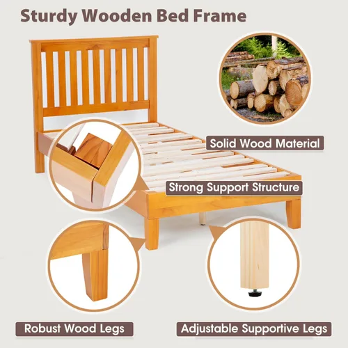 Vista 3 de PayLessHere Marco de cama de plataforma de madera, tamaño individual, marco de cama de madera maciza con cabecero, soporte de listones de madera,