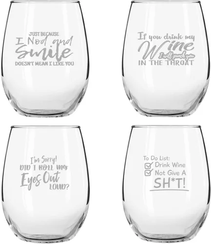 Vista 4 de Juego de 4 copas de vino divertidas de crudo y grosero (15 onzas) - Regalos novedosos de cristalería para mujeres, fiesta divertida, evento