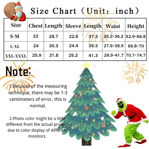 Vista 4 de ALYSSE Trajes de Papá Noel peludo verde para adultos, 7 piezas de disfraz de Papá Noel de lujo para hombres, cosplay de Navidad, incluye máscara