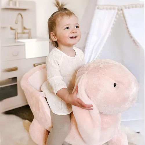 Vista 8 de Qaba Caballo mecedor para bebé, conejo de peluche con sonido simulado, base de madera, cinturón de seguridad, mecedora de relleno para niños de 18 a
