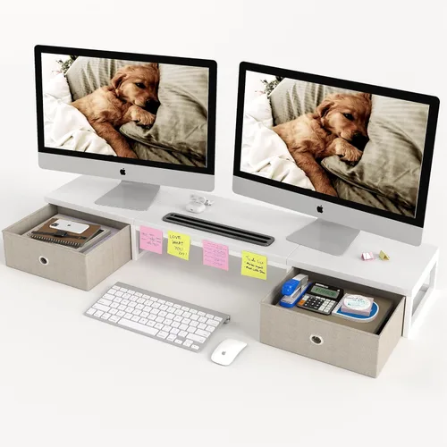 Vista 9 de Soporte elevador para monitor doble de 39 pulgadas con 2 cajones, soporte grande de madera negra para 2 monitores, organizador de escritorio