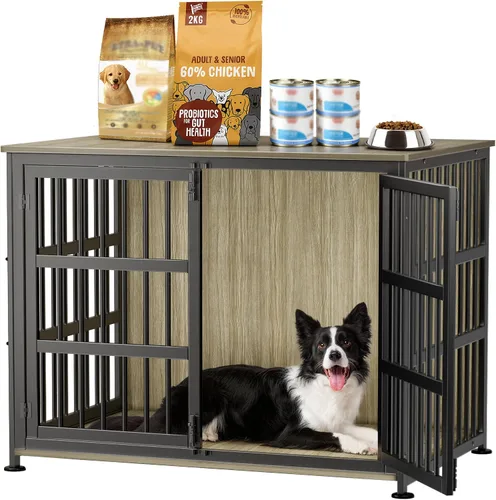 Vista 12 de Jaula para perros de 26 pulgadas, jaulas para perros de razas grandes, jaulas para perros interiores de madera, mesa auxiliar, jaula combinada