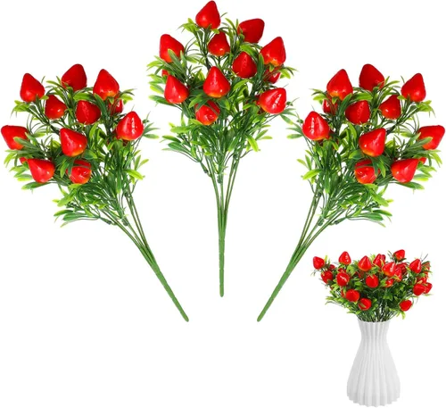 Vista 6 de Toddmomy Fresa falsa, 3 piezas de tallo de fresa artificial, adornos de flores de fruta para decoración del hogar, boda, fiesta, fruta artificial