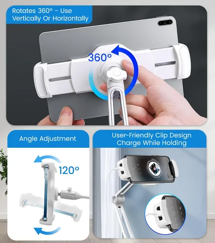 Vista 7 de Soporte ajustable para tablet de escritorio, soporte giratorio de 360° para iPad Air mini Pro de 4.7 a 12 pulgadas, iPhone, Samsung POS, Kindle