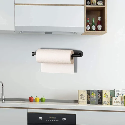 Vista 8 de Toallero de papel para debajo del gabinete, soporte autoadhesivo para toallas de papel negro mate para encimera de baño, organizador horizontal